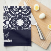Navy White Nordic Folk Floral Pattern Theedoek (Quarter Fold)