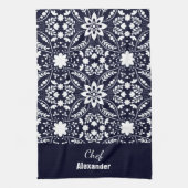 Navy White Nordic Folk Floral Pattern Theedoek (Verticaal)