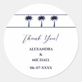Navy White Palm Tree Coastal Wedding Dank u Ronde Sticker (Voorkant)