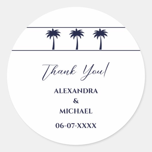 Navy White Palm Tree Coastal Wedding Dank u Ronde Sticker (Voorkant)