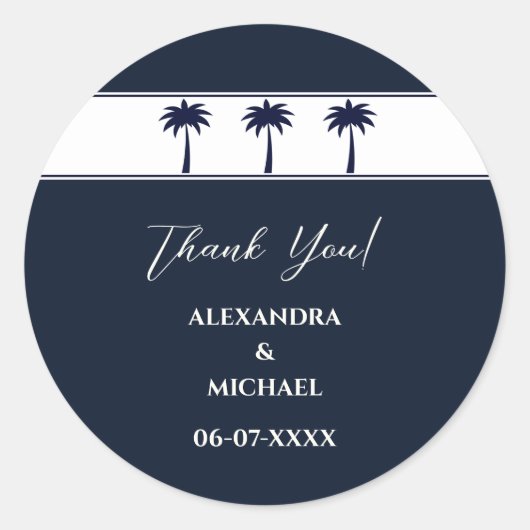 Navy White Palm Tree Coastal Wedding Dank u Ronde Sticker (Voorkant)