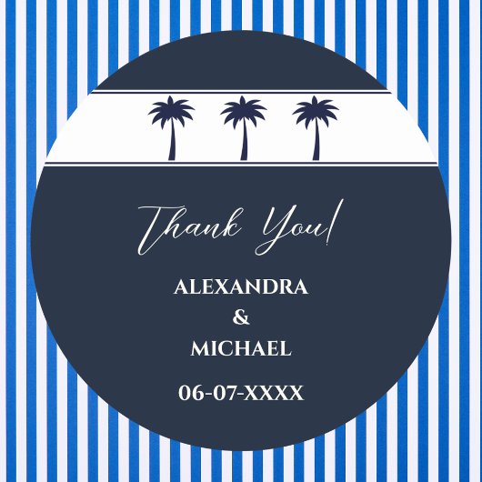 Navy White Palm Tree Coastal Wedding Dank u Ronde Sticker