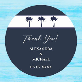 Navy White Palm Tree Coastal Wedding Dank u Ronde Sticker