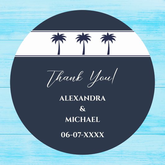 Navy White Palm Tree Coastal Wedding Dank u Ronde Sticker