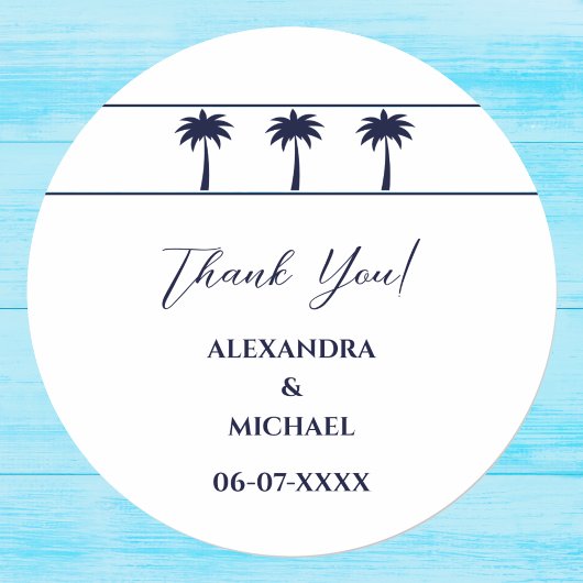 Navy White Palm Tree Coastal Wedding Dank u Ronde Sticker