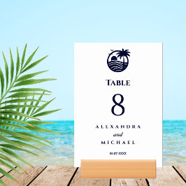 Navy White Palm Tree Coastal Wedding Kaart