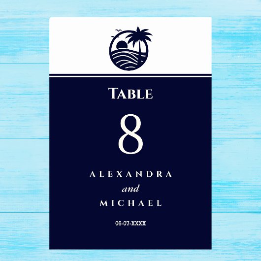 Navy White Palm Tree Coastal Wedding Kaart