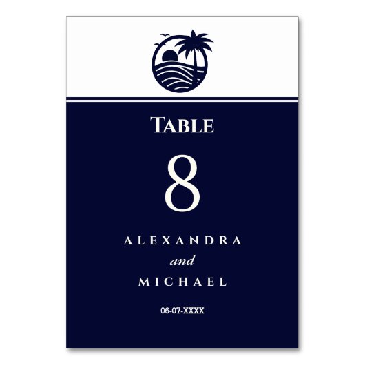 Navy White Palm Tree Coastal Wedding Kaart (Achterkant)