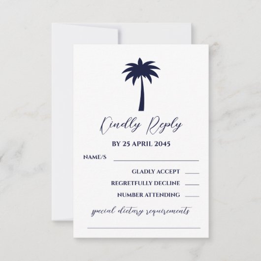 Navy White Palm Tree Coastal Wedding RSVP Kaart (Voorkant)