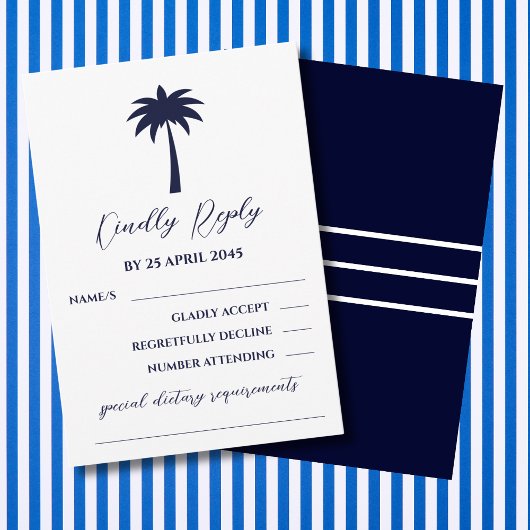 Navy White Palm Tree Coastal Wedding RSVP Kaart