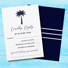 Navy White Palm Tree Coastal Wedding RSVP Kaart