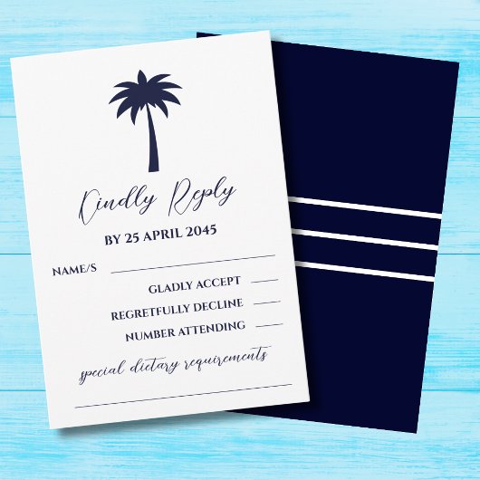 Navy White Palm Tree Coastal Wedding RSVP Kaart