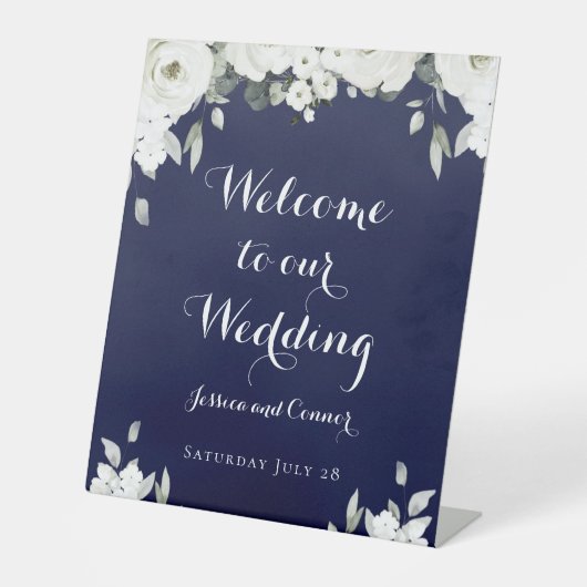 Navy & White Peony Welkom bij ons huwelijk Reclamebord Met Voetstuk (Voorkant)