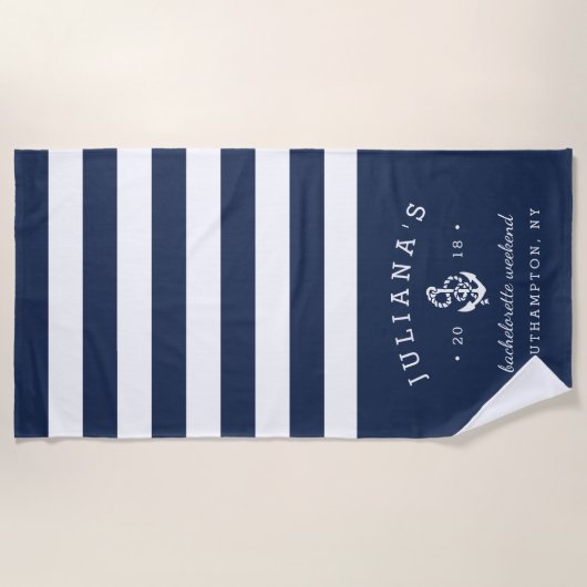 Navy & White Personalized Bachelorette Weekend Strandlaken (Voorkant)