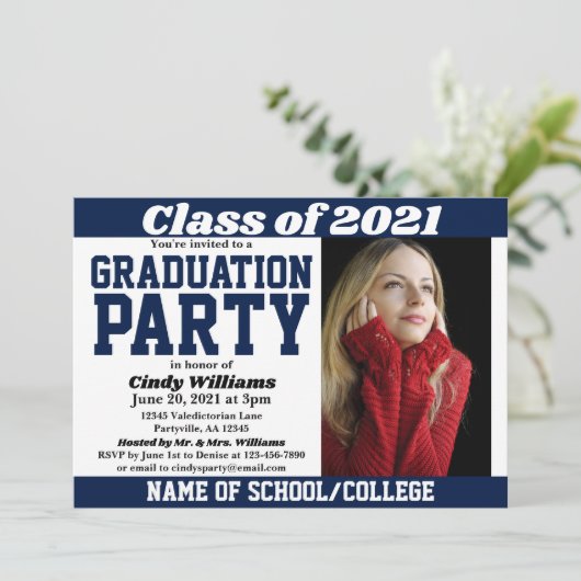 Navy White Photo Afstuderen Kaart (Staand voorkant)
