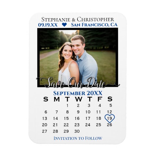 Navy & White Photo Calendar Save Our Date Wedding Magneet (Verticaal)