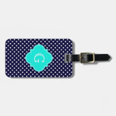 Navy White Polka Dot Aqua Quatrefoil Monogram Bagagelabel (Voorkant horizontaal)