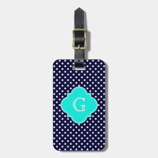 Navy White Polka Dot Aqua Quatrefoil Monogram Bagagelabel (Voorkant verticaal)