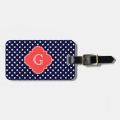 Navy White Polka Dot Coral Quatrefoil Monogram Bagagelabel (Voorkant horizontaal)