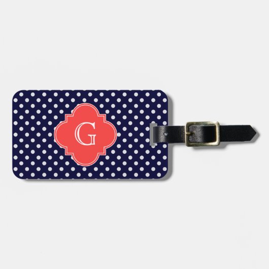 Navy White Polka Dot Coral Quatrefoil Monogram Bagagelabel (Voorkant horizontaal)