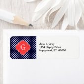 Navy White Polka Dot Coral Quatrefoil Monogram Etiket (Insitu)
