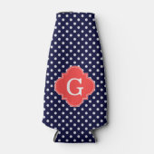 Navy White Polka Dot Coral Quatrefoil Monogram Flesjeskoeler (Voorkant)