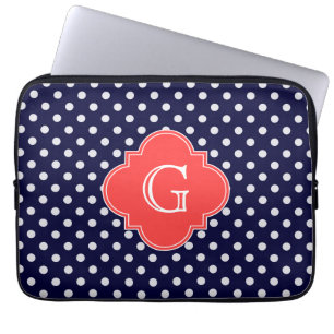 Navy White Polka Dot Coral Quatrefoil Monogram Laptop Sleeve