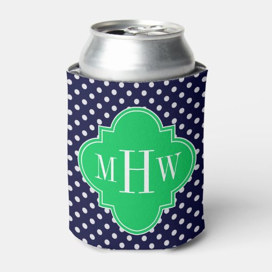 Navy White Polka Dot Emerald Quatrefoil 3 Monogram Blikjeskoeler (Blikje Voorkant)