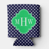 Navy White Polka Dot Emerald Quatrefoil 3 Monogram Blikjeskoeler (Achterkant)