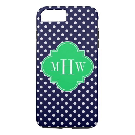 Navy White Polka Dot Emerald Quatrefoil 3 Monogram Case-Mate iPhone Case (Achterkant)