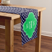 Navy White Polka Dot Emerald Quatrefoil 3 Monogram Korte Tafelloper (Voorbeeld)