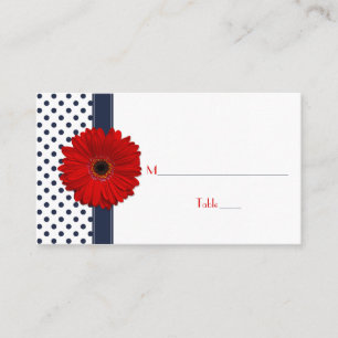 Navy White Polka Dot Red Gerber Daisy Place Card Plaatskaartje