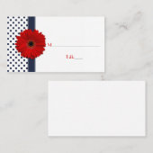 Navy White Polka Dot Red Gerber Daisy Place Card Plaatskaartje (Voorkant / Achterkant)