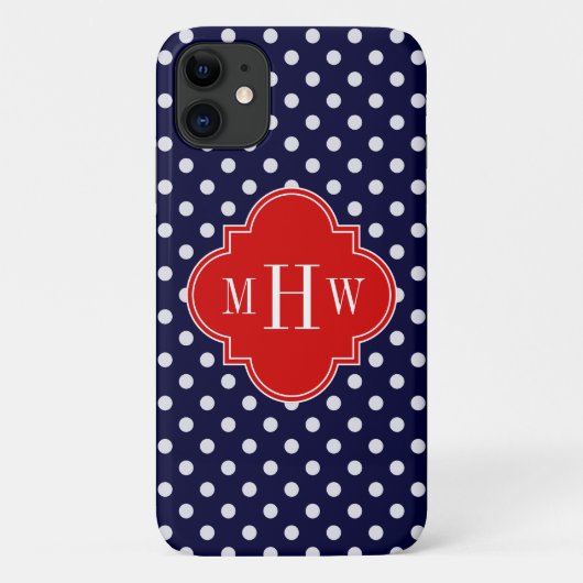 Navy White Polka Dot Red Quatrefoil 3 Monogram Case-Mate iPhone Case (Achterkant)