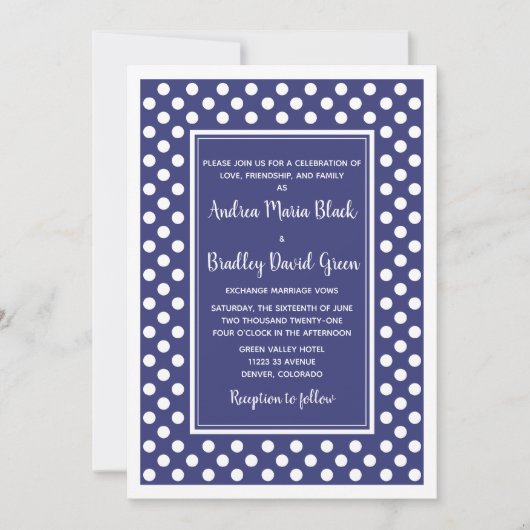 Navy White Polka Dot Wedding Invitation Kaart (Voorkant)