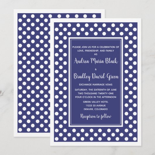 Navy White Polka Dot Wedding Invitation Kaart (Voorkant / Achterkant)