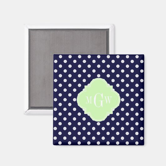 Navy White Polka Dots Celery Quatrefoil 3 Monogram Magneet (Voorkant / Achterkant)