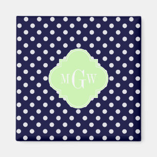 Navy White Polka Dots Celery Quatrefoil 3 Monogram Magneet