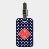 Navy White Polka Dots Coral Quatrefoil 3 Monogram Bagagelabel (Voorkant verticaal)