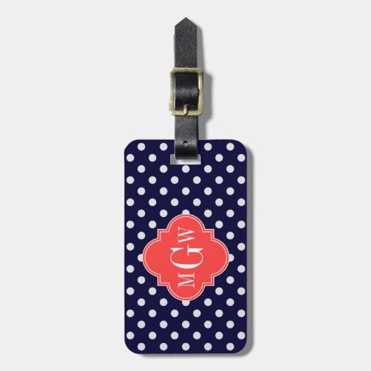 Navy White Polka Dots Coral Quatrefoil 3 Monogram Bagagelabel (Voorkant verticaal)