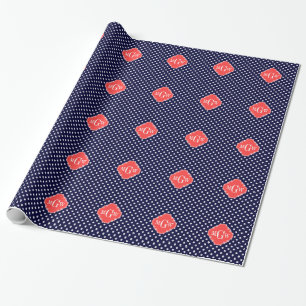 Navy White Polka Dots Coral Quatrefoil 3 Monogram Cadeaupapier