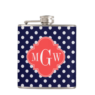 Navy White Polka Dots Coral Quatrefoil 3 Monogram Heupfles