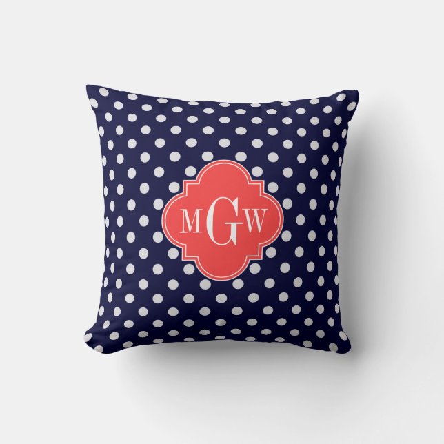 Navy White Polka Dots Coral Quatrefoil 3 Monogram Kussen (Voorkant)
