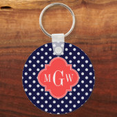 Navy White Polka Dots Coral Quatrefoil 3 Monogram Sleutelhanger (Voorkant)