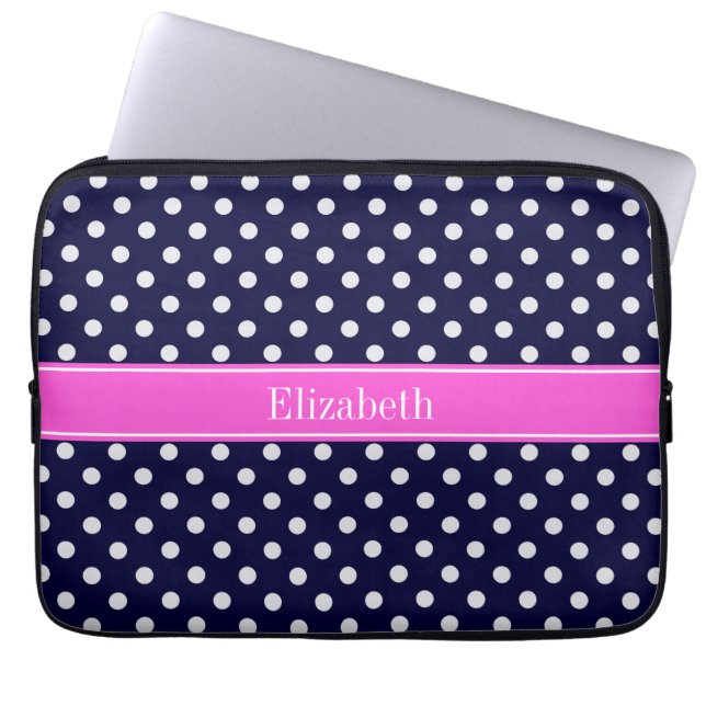 Navy White Polka Dots Hot Pink Ribbon Monogram Laptop Sleeve (Voorkant)