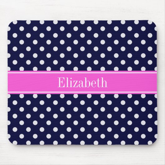 Navy White Polka Dots Hot Pink Ribbon Monogram Muismat (Voorkant)
