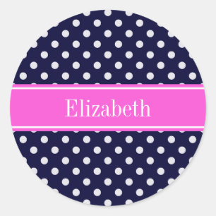 Navy White Polka Dots Hot Pink Ribbon Monogram Ronde Sticker