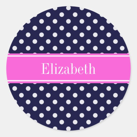 Navy White Polka Dots Hot Pink Ribbon Monogram Ronde Sticker (Voorkant)