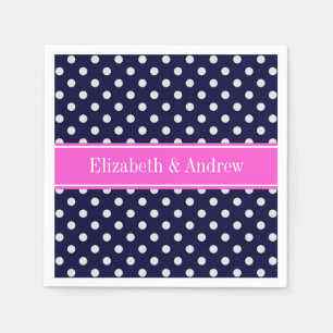 Navy White Polka Dots Hot Pink Ribbon Monogram Servet