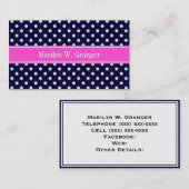 Navy White Polka Dots Hot Pink Ribbon Monogram Visitekaartje (Voorkant / Achterkant)